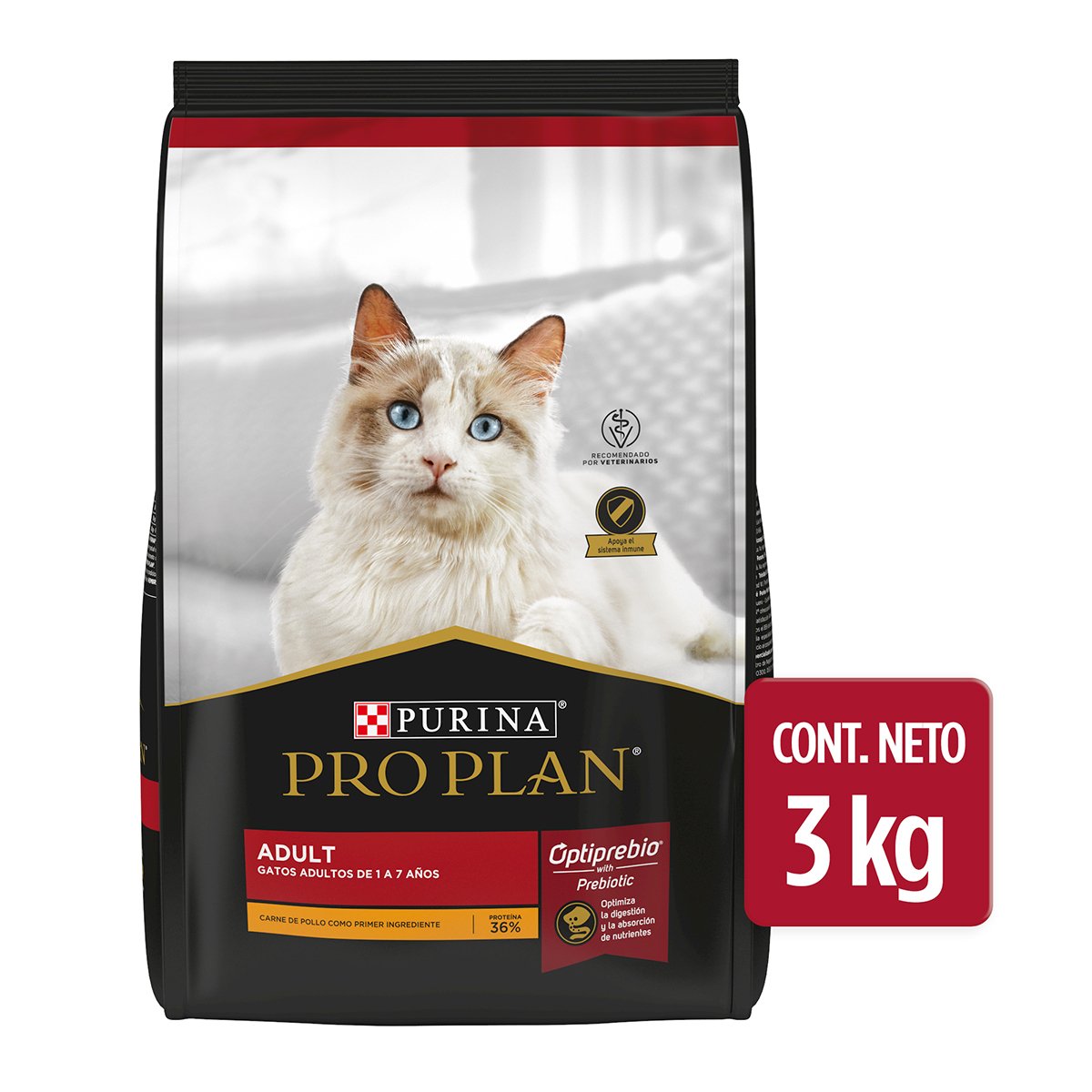 Pro Plan Optiprebio Alimento Seco para Gato Adulto Receta Pollo, 3 kg