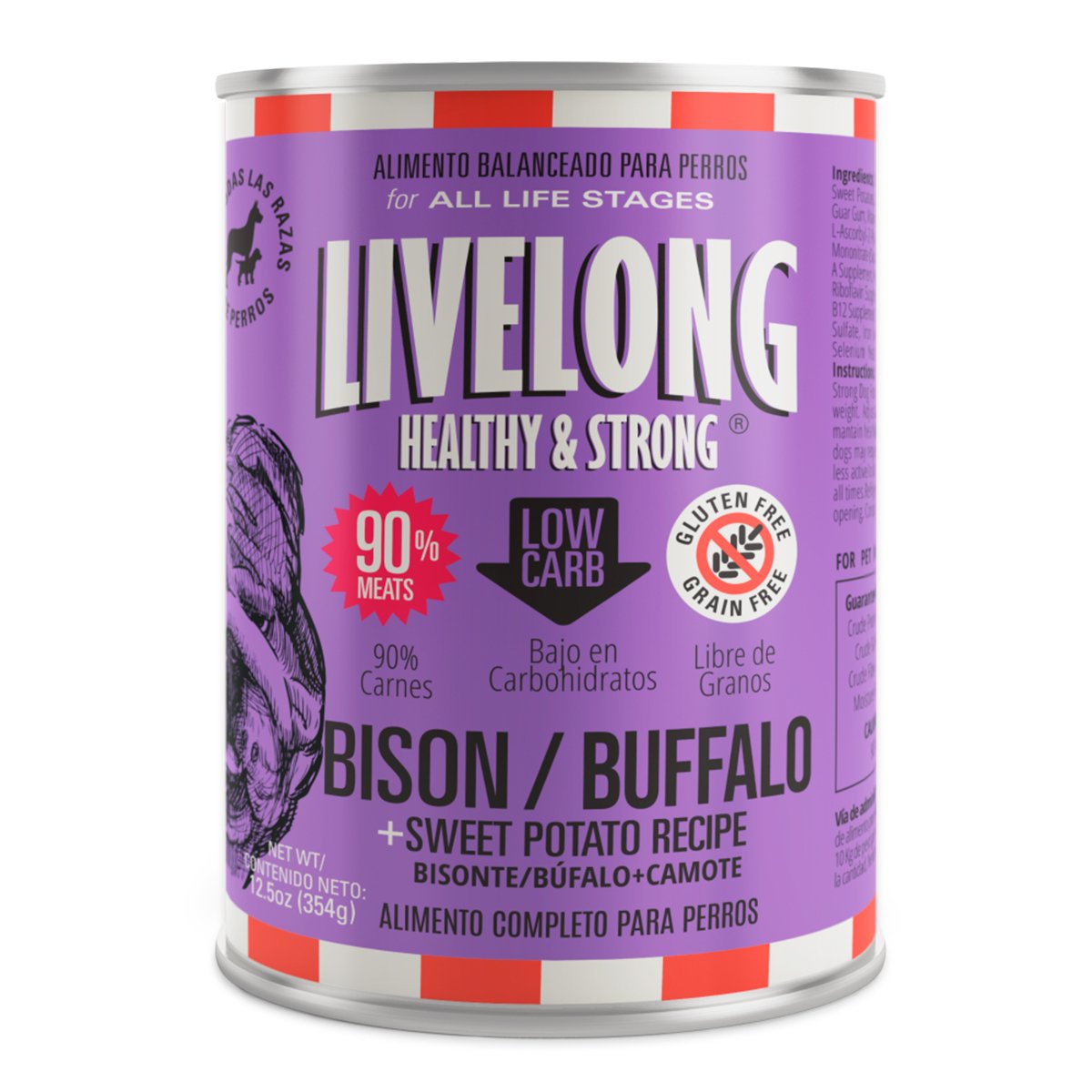 Livelong Healthy & Strong Alimento Natural Húmedo para Perro Todas las Edades Receta Bisonte, 354 g