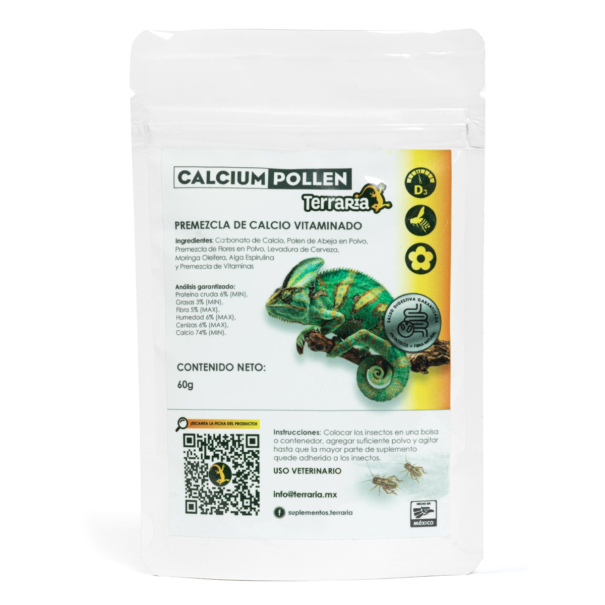 Terraria Pre mezcla Calcium Polen Camaleón Suplemento para Reptiles Diurnos, 60 g