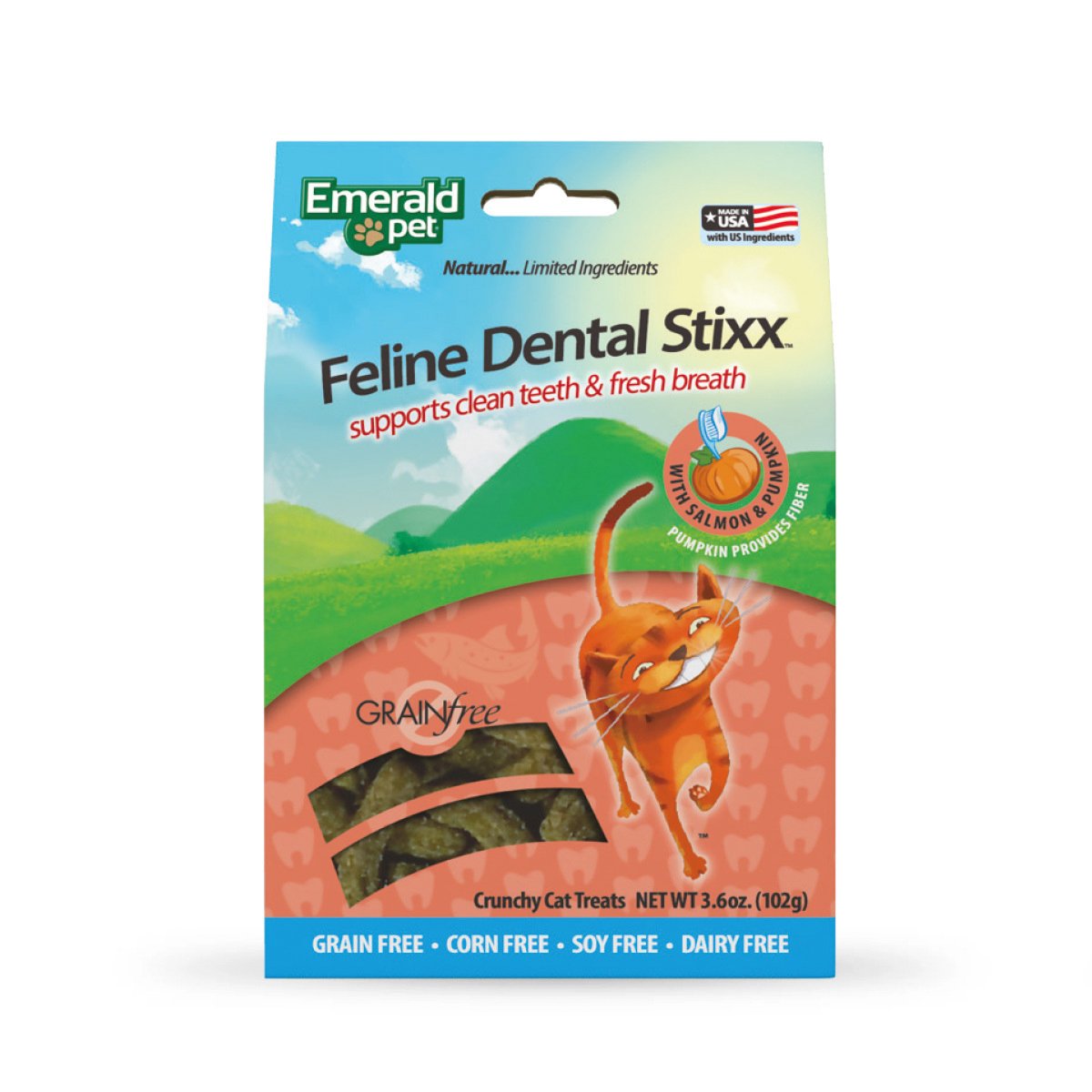 Emerald Pet Dental Stixx Premios Dentales Naturales Receta Salmón y Calabaza para Gato, 102 g