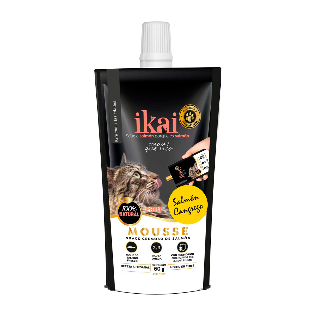 Ikai Premio Cremoso Natural para Gato Receta Salmón y Cangrejo, 60 g