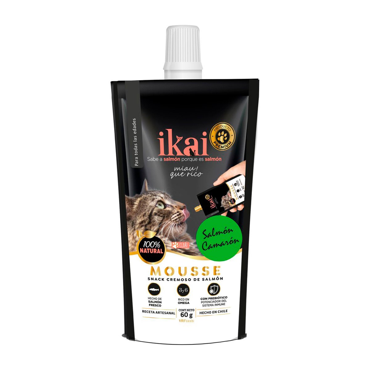 Ikai Premio Cremoso Natural para Gato Receta Salmón y Camarón, 60 g