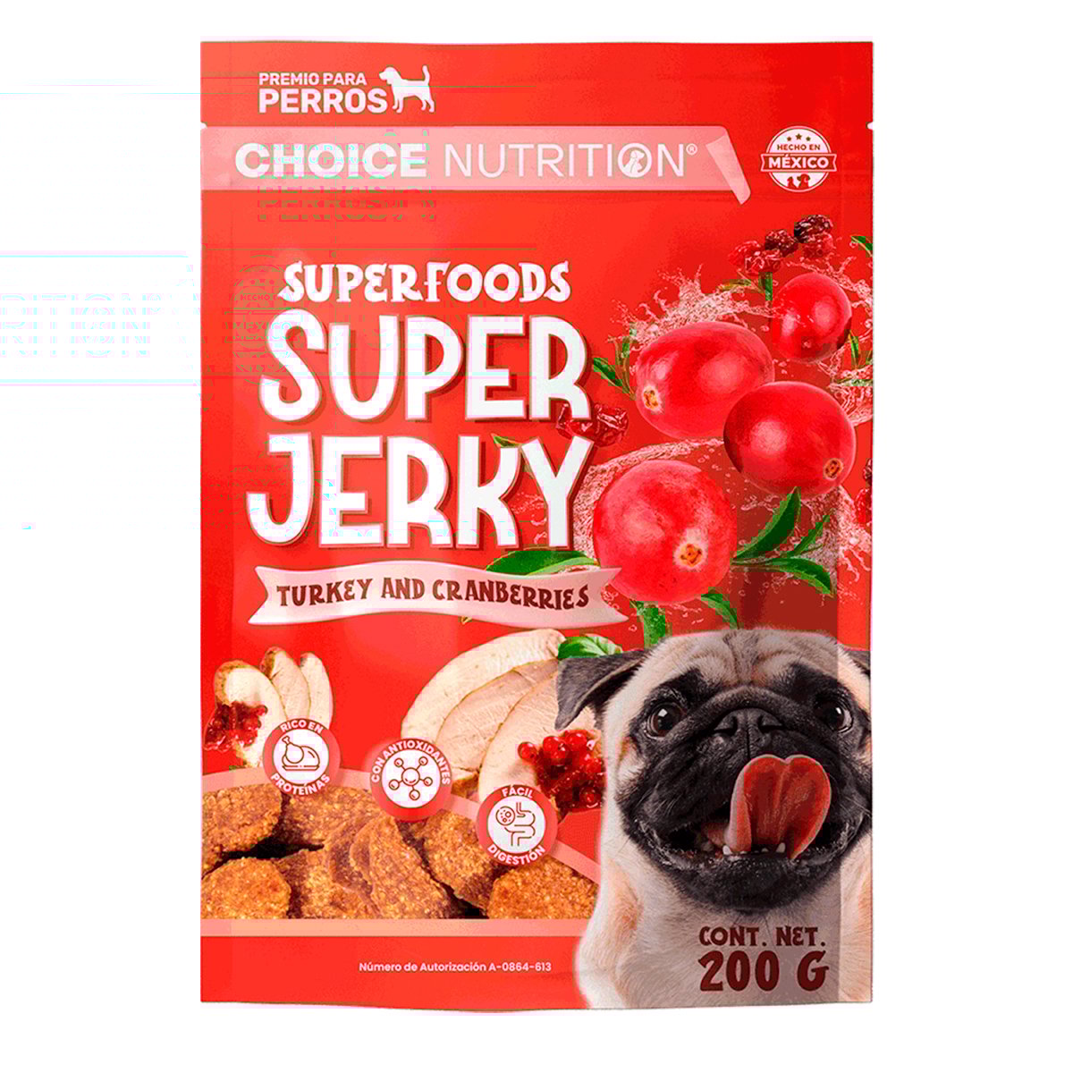 Choice Nutrition Super Jerky Premios de Carne Seca para Perro Adulto Receta Pavo y Arándanos, 200 g