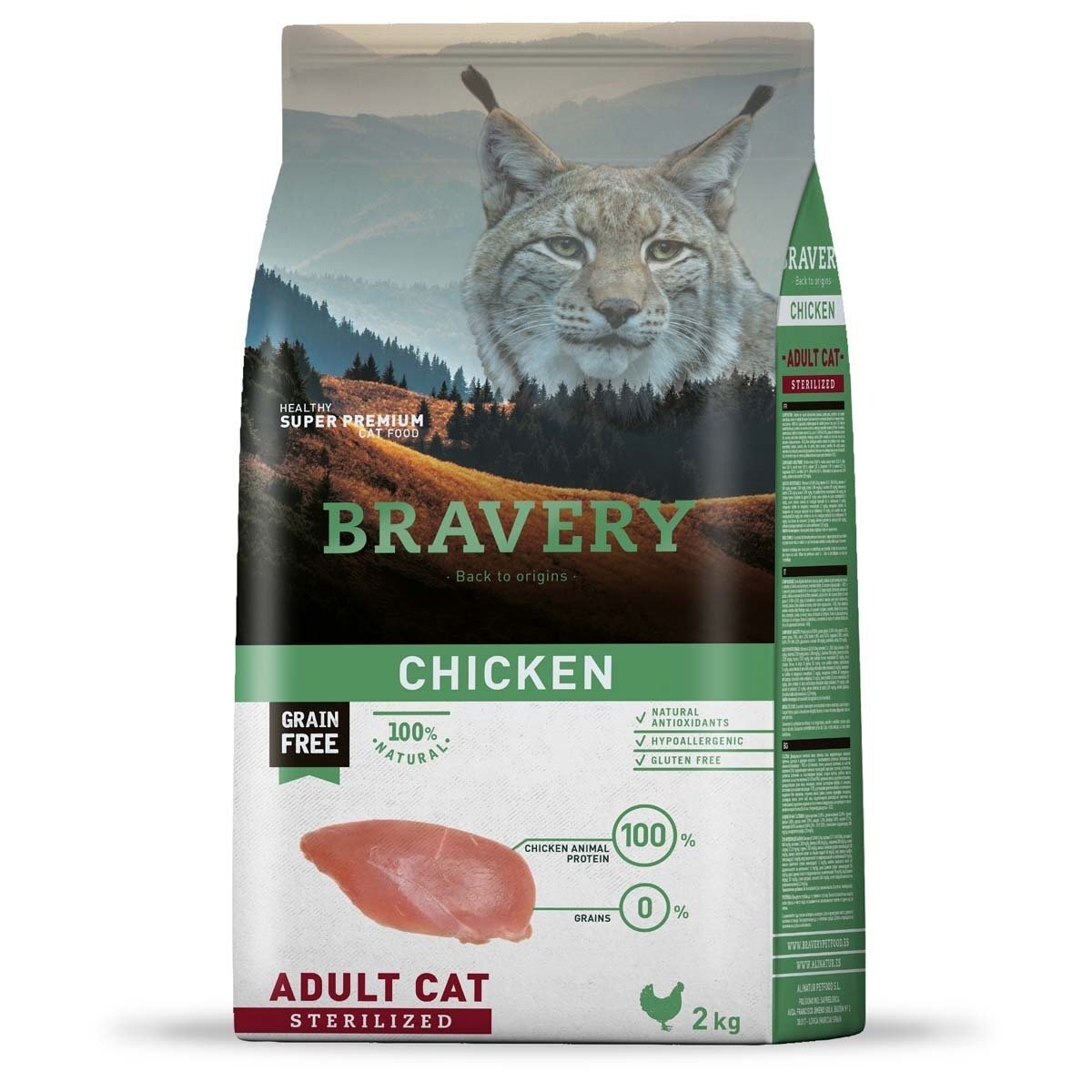 Bravery Alimento Seco Natural Libre de Granos para Gato Esterilizado Receta Pollo, 2 kg