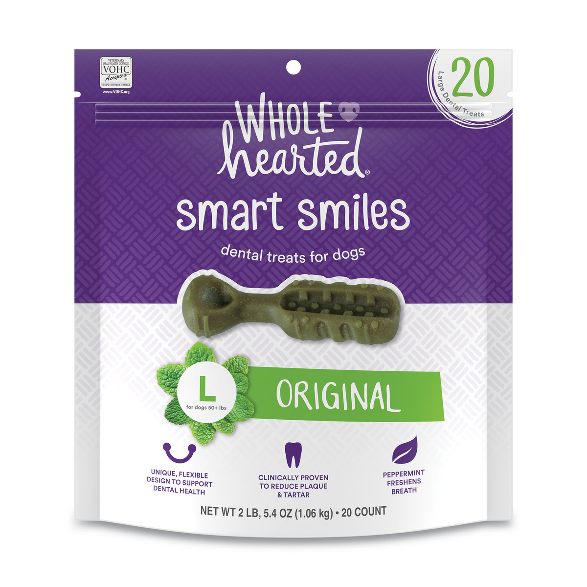 WholeHearted Smart Smiles Premios Dentales para Perro Raza Grande Receta Original, 20 Piezas