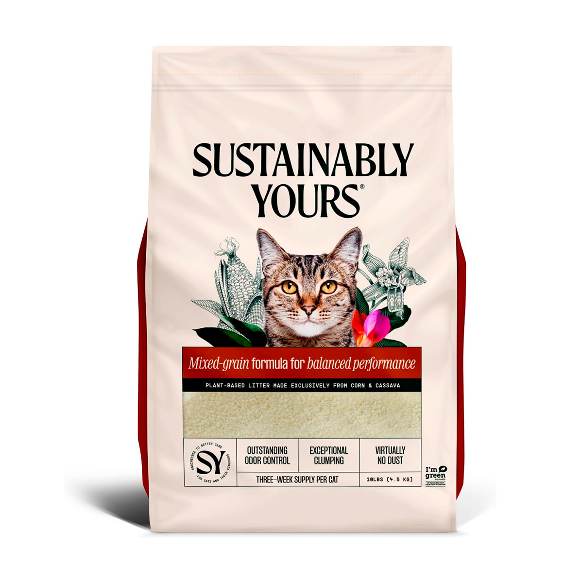 Sustainably Yours Arena Aglutinante de Maíz y Yuca Gránulos Mixtos Sin Fragancia para Gato, 5.9 kg