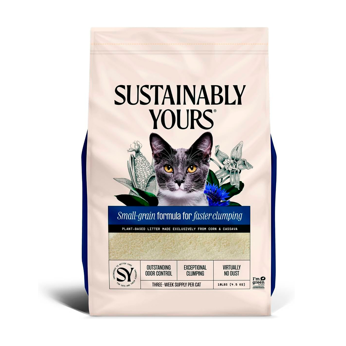 Sustainably Yours Arena Aglutinante de Maíz y Yuca Gránulo Pequeño Sin Fragancia para Gato, 5.9 kg