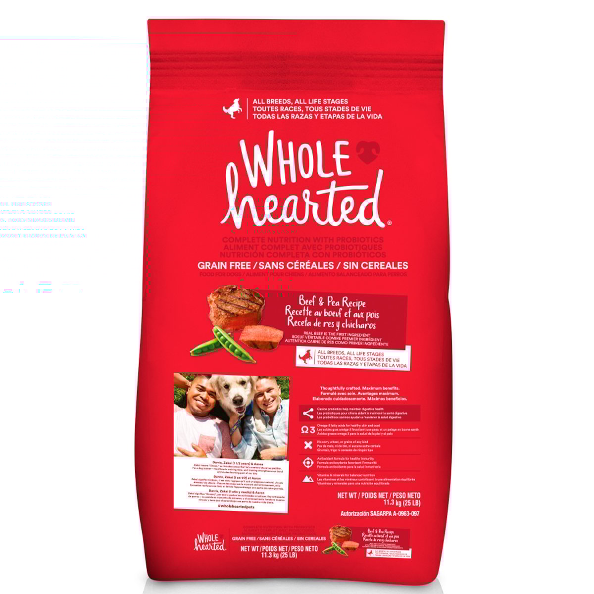 WholeHearted Libre de Granos Alimento Natural para Perro Todas las Edades Receta Res y Chícharo, 11.3 kg