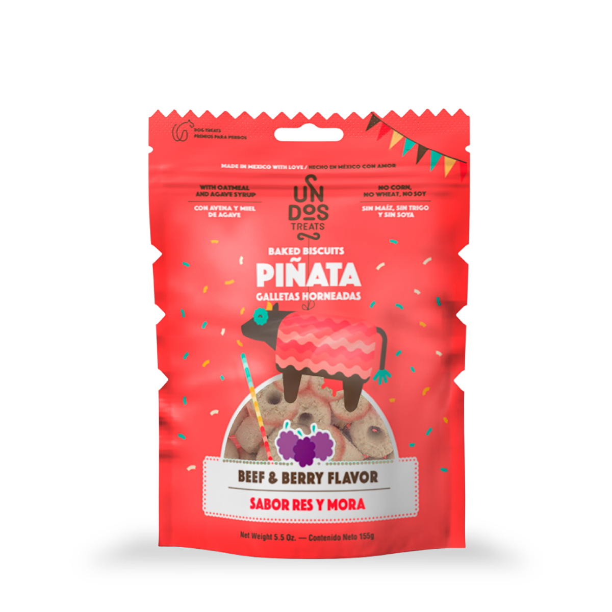 Un Dos Treats Premio Sabor Res y Moras para Perro, 155 g