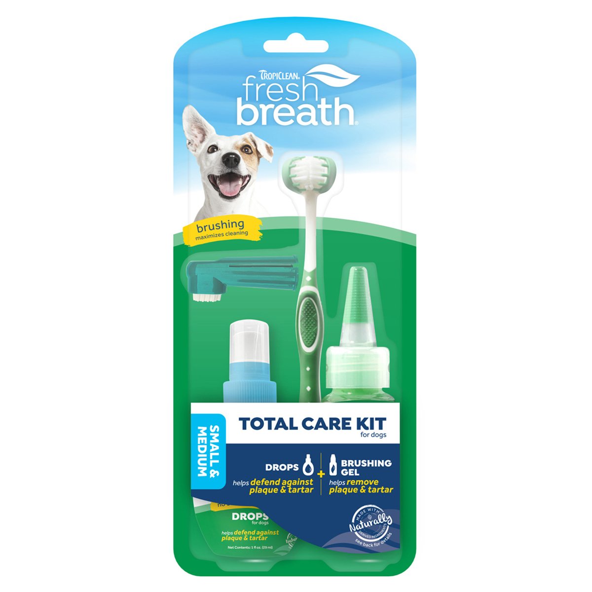 Tropiclean Total Care Kit de Tratamiento Dental Gel + Gotas y Cepillo para Perro Adulto Raza Pequeña, 3 Piezas