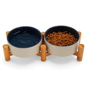 Reddy Comedero Elevado Doble de Cerámica Gris/Azul con Base de Bambú para Perro, 709 ml Reddy Comedero Elevado Doble de Cerámica Gris/Azul con Base de Bambú para Perro, 709 ml
