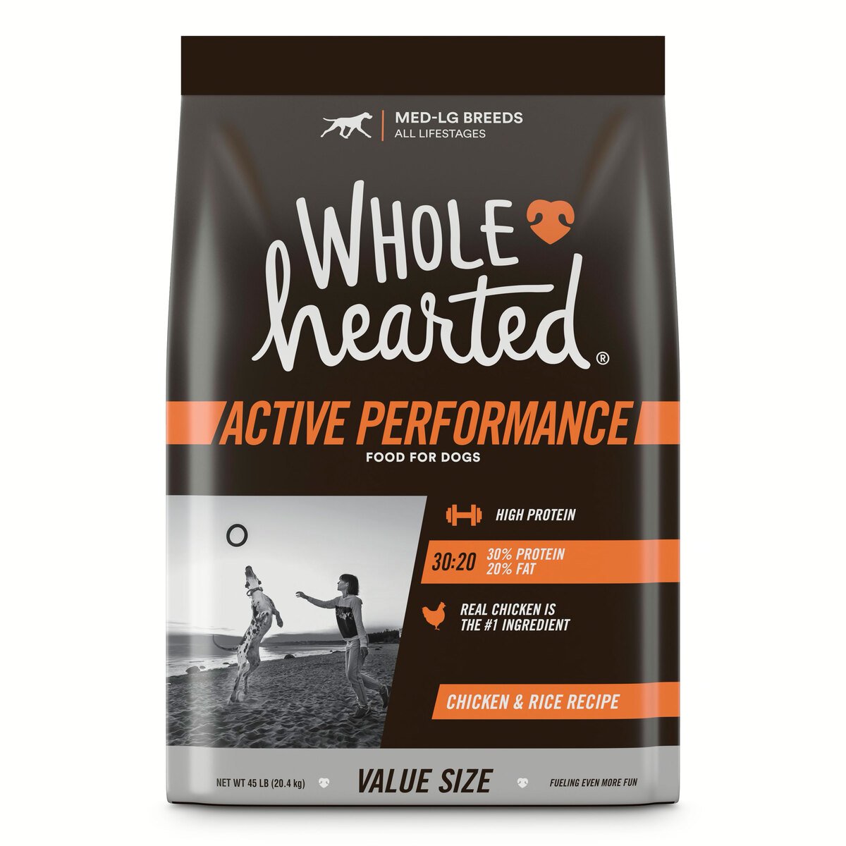 WholeHearted Active Performance Alimento para Perro Activo Todas las Edades Receta Pollo y Arroz, 20.4 kg