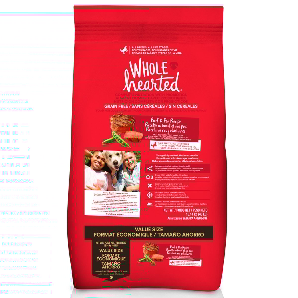 WholeHearted Libre de Granos Alimento Natural para Perro Todas las Edades Receta Res y Chícharo, 18.1 kg