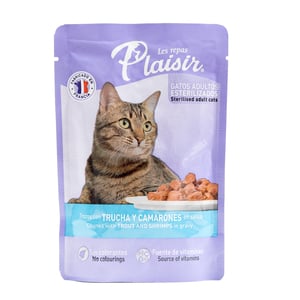 Les Repas Plaisir Alimento Natural Húmedo Receta Trucha y Camarón en Salsa para Gato Adulto, 85 g Les Repas Plaisir Alimento Natural Húmedo Receta Trucha y Camarón en Salsa para Gato Adulto, 85 g