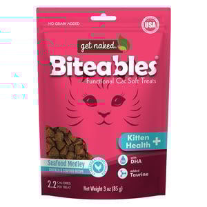 Get Naked Biteables Premios Funcionales Formula Gatito Saludable Receta Pollo y Mariscos para Gato, 85 g Get Naked Biteables Premios Funcionales Formula Gatito Saludable Receta Pollo y Mariscos para Gato, 85 g