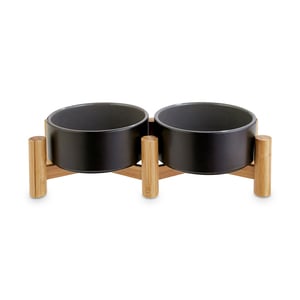 Reddy Comedero Elevado Doble de Cerámica Negro con Base de Bambú para Perro, 3.5 Tazas Reddy Comedero Elevado Doble de Cerámica Negro con Base de Bambú para Perro, 3.5 Tazas