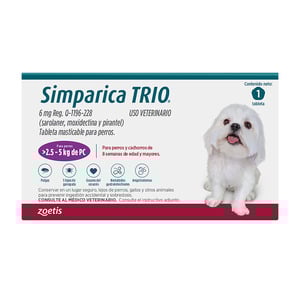 Simparica Trio Masticable Desparasitante Externo e Interno para Perro, 2.5-5 kg Simparica Trio Masticable Desparasitante Externo e Interno para Perro, 2.5-5 kg