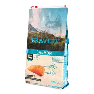 Bravery Alimento Seco Natural Libre de Granos para Perro Adulto Raza Mediana/Grande Receta Salmón, 4 kg