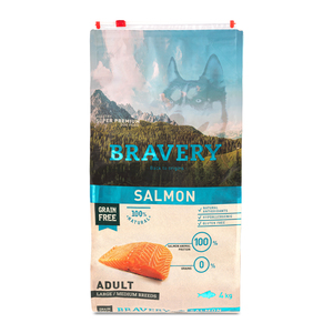 Bravery Alimento Seco Natural Libre de Granos para Perro Adulto Raza Mediana/Grande Receta Salmón, 4 kg