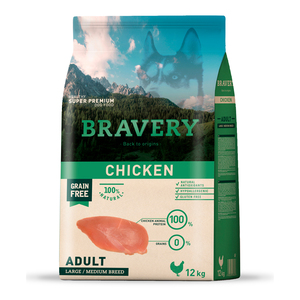 Bravery Alimento Seco Natural Libre de Granos para Perro Adulto Raza Mediana/ Grande Receta Pollo, 12 kg