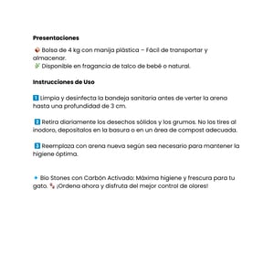 Bio Stones Arena Aglutinante de Bentonita con Carbón Activado Sin Aroma para Gato, 8 kg