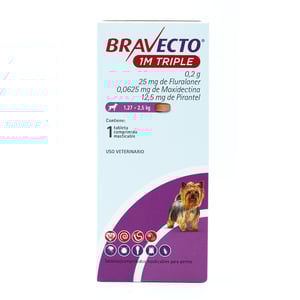 Bravecto 1M Triple Tableta Masticable Antiparasitaria Externa e Interna para Perro, 1.27 a 2.5 kg Bravecto 1M Triple Tableta Masticable Antiparasitaria Externa e Interna para Perro, 1.27 a 2.5 kg