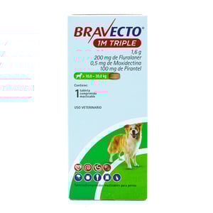 Bravecto 1M Triple Tableta Masticable Antiparasitaria Externa e Interna para Perro, 10 a 20 kg Bravecto 1M Triple Tableta Masticable Antiparasitaria Externa e Interna para Perro, 10 a 20 kg