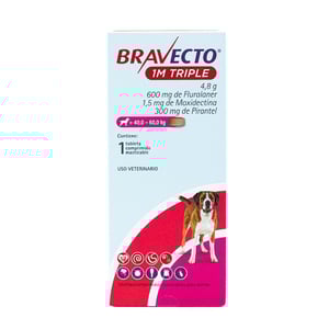 Bravecto 1M Triple Tableta Masticable Antiparasitaria Externa e Interna para Perro, 40 a 60 kg Bravecto 1M Triple Tableta Masticable Antiparasitaria Externa e Interna para Perro, 40 a 60 kg