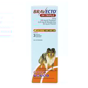 Bravecto 1M Triple Tripack Tableta Masticable Antiparasitaria Externa e Interna para Perro, 5 a 10 kg Bravecto 1M Triple Tripack Tableta Masticable Antiparasitaria Externa e Interna para Perro, 5 a 10 kg
