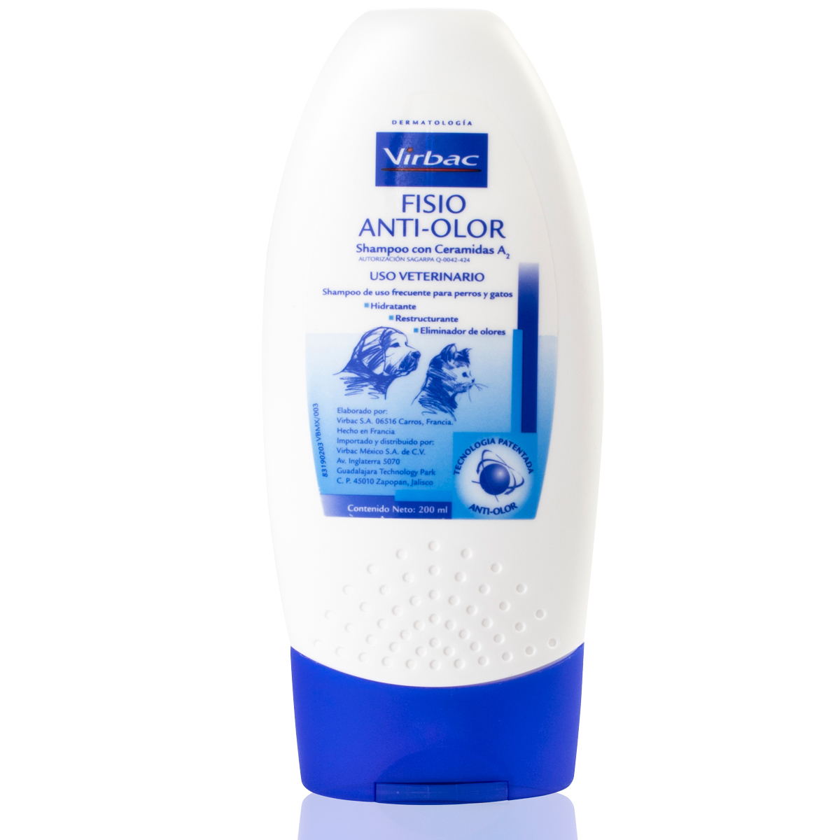Virbac Fisio Anti-Olor Shampoo con Ceramidas A2 para Perro y Gato, 200 ml